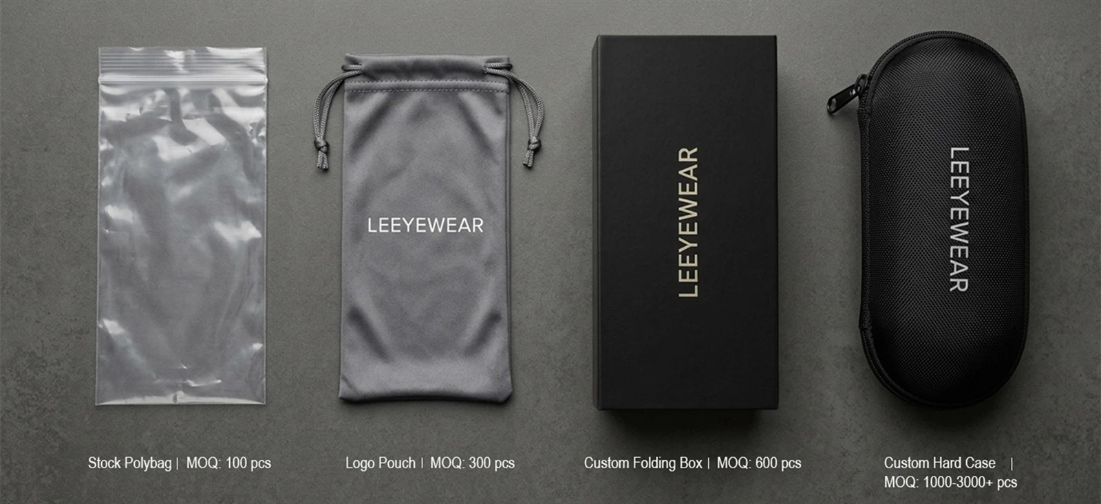Custom sunglasses packaging options showing MOQ differences from pouch to hard case Custom sunglasses packaging options showing MOQ differences from pouch to hard case